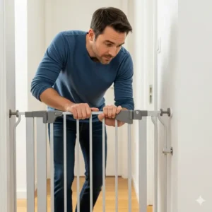 A final shot of a toddler happily standing at the bottom of the stairs, with a securely installed safety gate visible at the top, showing a safe environment after installing safety gates at top of stairs.