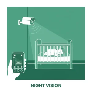 An image depicting a clear, infrared night vision view from a baby monitor camera, showing a sleeping baby in a dark room, ensuring safe baby monitor options wireless at night.