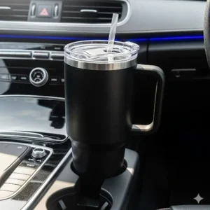 A sleek 24oz tumbler with handle sitting securely inside a car cup holder, ready for travel.