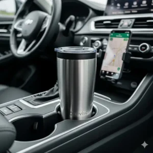 The compact 12 oz insulated tumbler with lid fitting perfectly into a car cup holder, highlighting its convenience for daily commutes.