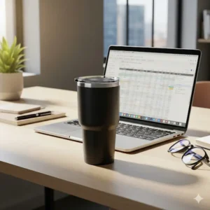 A 24 oz stainless steel tumbler sitting on an office desk next to a laptop, suggesting its suitability for work environments.
