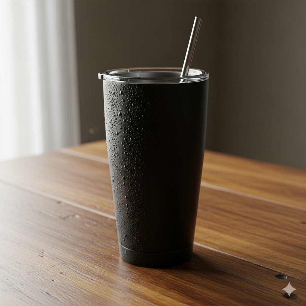 A sleek, matte black 24 oz insulated tumbler with a reusable straw on a rustic wooden table, with condensation beading on the outside, highlighting its cold retention.