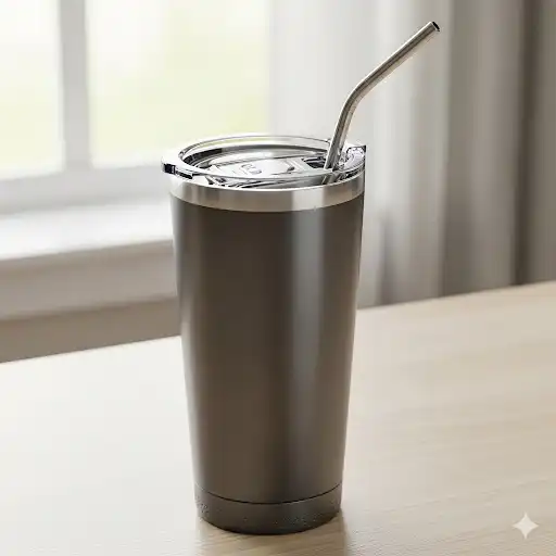 A stylish 12 oz stainless steel tumbler with a secure lid and a reusable straw, perfect for keeping drinks cold on the go.