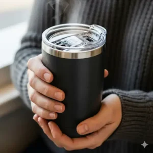 A detailed view of the spill-proof lid and eco-friendly straw on a 12 oz tumbler.