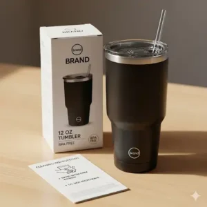 An image of a reusable 12 oz tumbler with lid and straw, set against a background of green leaves to promote its eco-friendly benefits.