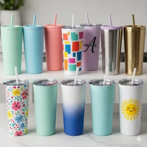 An infographic illustrating the double-wall insulation of a 12 oz tumbler with lid and straw, highlighting its ability to keep drinks hot or cold.