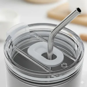 A detailed shot of the ergonomic handle and secure 12 oz tumbler with lid and straw, emphasizing comfort and a firm grip.