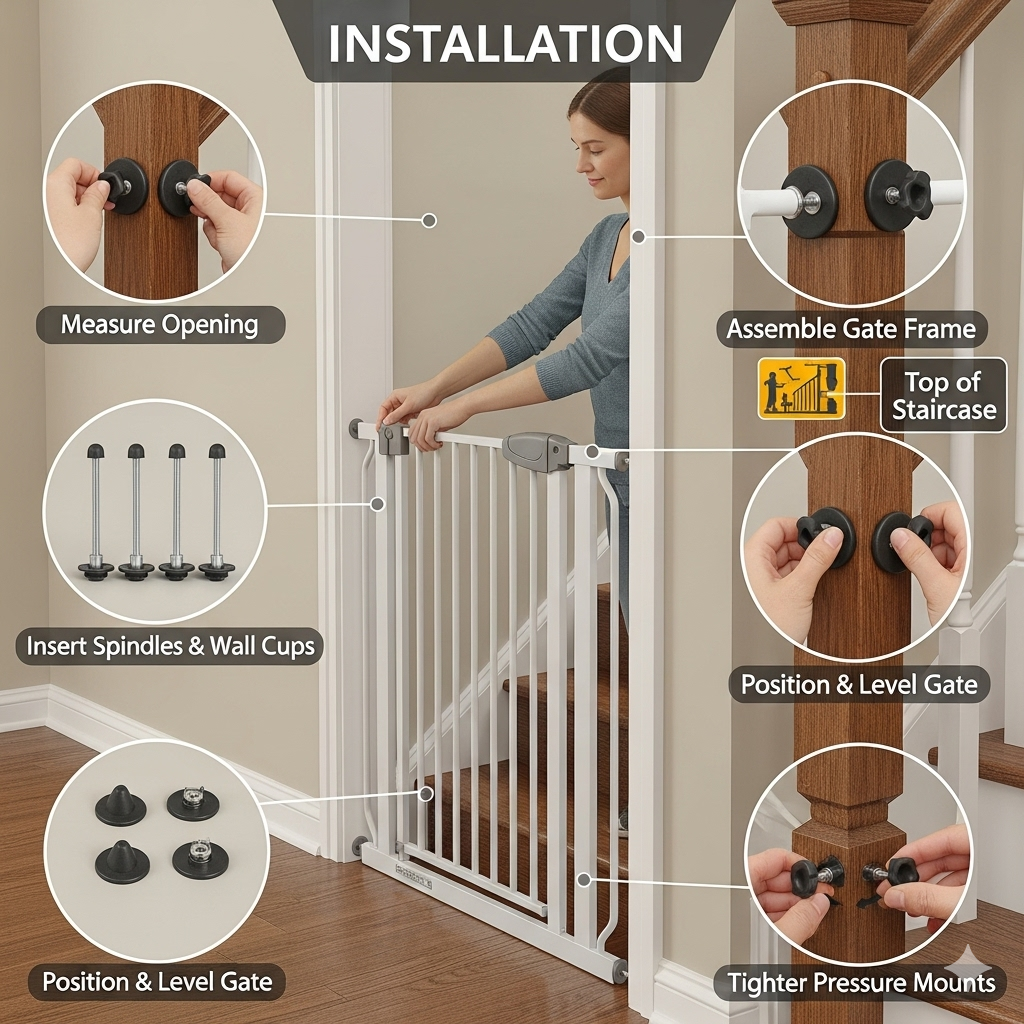 A close-up of a child-safe mesh barrier professionally installed on a staircase railing to prevent a toddler from falling through.how to baby proof staircase railing