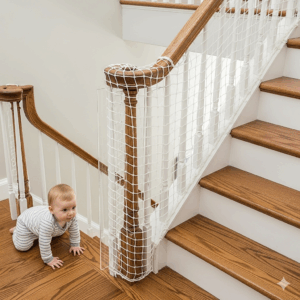 A diagram illustrating how to measure and install a clear plexiglass panel between staircase balusters to safely enclose the railing openings.