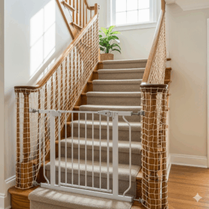 A visual guide showing the correct placement and hardware installation of a pressure-mounted baby gate at the top of a staircase to block access.