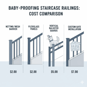A side-by-side comparison of a do-it-yourself baby-proofing solution and a professionally installed system for a staircase railing.