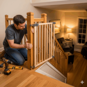 An instructional image showing a parent securing a durable plastic mesh guard to a vertical staircase railing with zip ties to create a protective barrier.