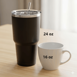 A vibrant collection of six 24 oz tumblers in various colors—blue, pink, green, orange, purple, and yellow—lined up on a bright, minimalist background.