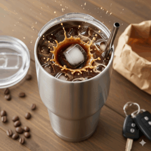 A close-up shot of the innovative spill-proof lid on a 24 oz tumbler, showcasing the secure seal and easy-sip opening for a worry-free experience.