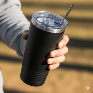 An overhead shot of a stainless steel 24 oz tumbler filled with iced coffee, with a visible splash, making it an ideal choice for morning commutes or daily coffee runs.