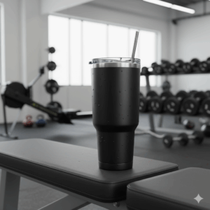 A person's hand comfortably gripping a reusable 24 oz tumbler, demonstrating its ergonomic design and portability for on-the-go use.