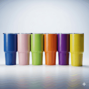 A 24 oz tumbler perfectly fitted into a car's cup holder, emphasizing its convenient size for travel and daily errands.