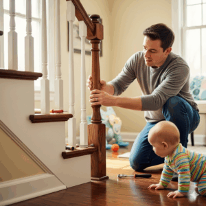 : A ruler measuring the spacing between a staircase railing's spindles to determine if they are more than 4 inches apart, which is unsafe for babies.