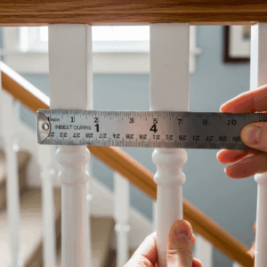 A parent checking and tightening loose balusters on a staircase railing to eliminate any gaps or wobbling that could pose a safety risk to a baby.