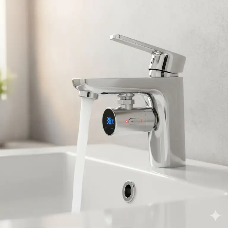 Close-up view of an anti scald device for bathroom faucets regulating water temperature and preventing burns.