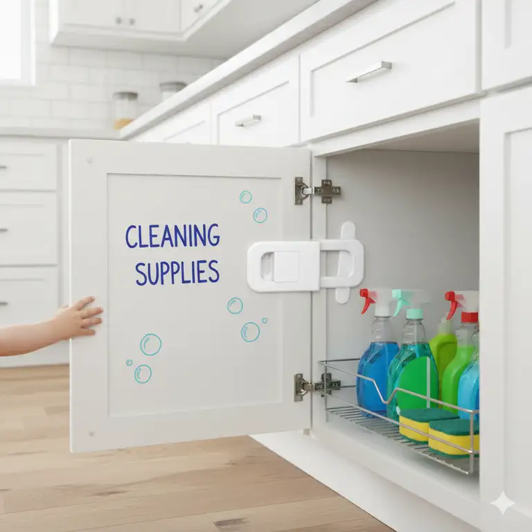 A parent securing kitchen cabinets with safety locks to achieve baby proofing kitchen drawers and doors.