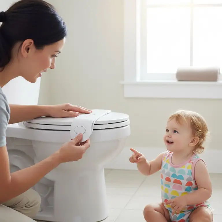 A parent easily demonstrating the one-handed operation of the best baby proof toilet lid lock on a standard white toilet.baby proof toilet lid locks