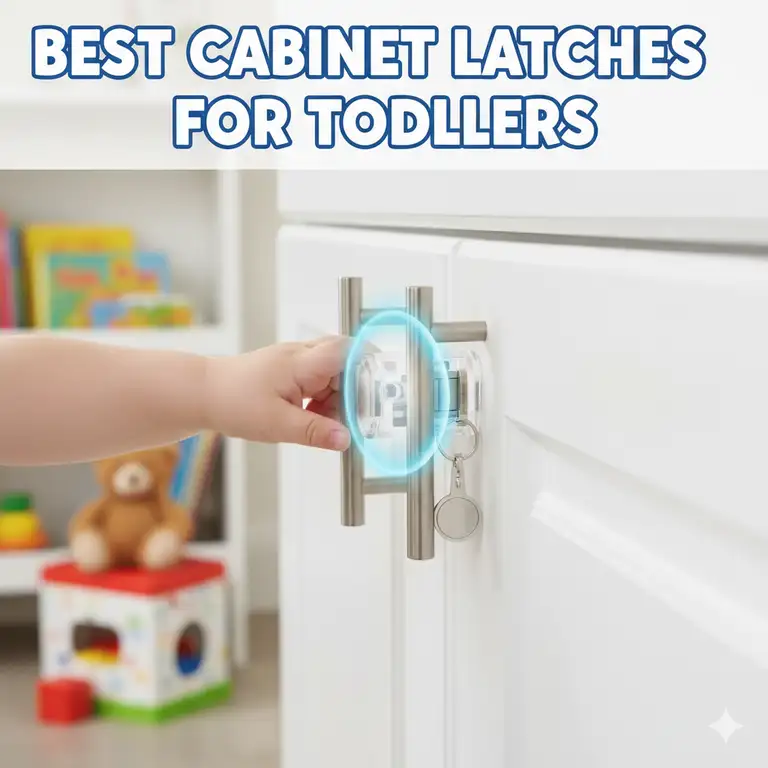A close-up of the best cabinet latches for toddlers installed, showing a child-proof lock on a kitchen cupboard.