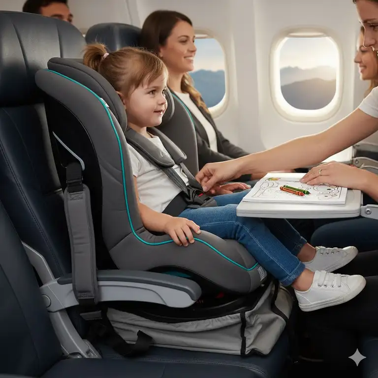 The best compact travel car seat easily installed in a small airplane seat, showing its lightweight and portable design.