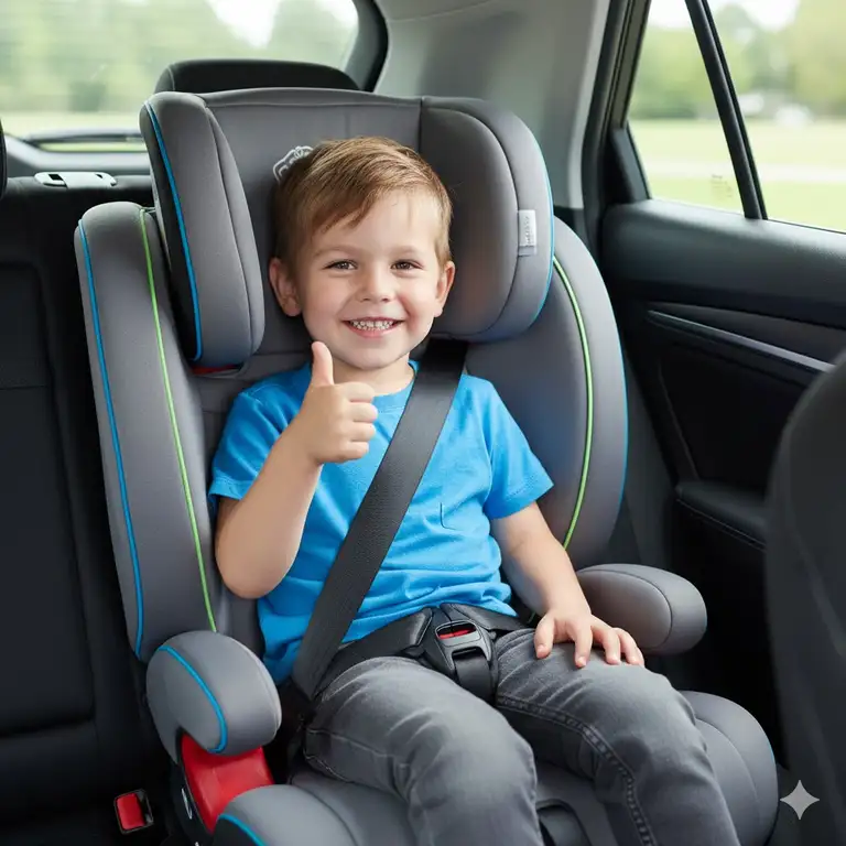 A happy 4-year-old sitting in a high-back booster seat, demonstrating proper belt fit and safety. This is a crucial step when choosing booster seat for 4-year-old.