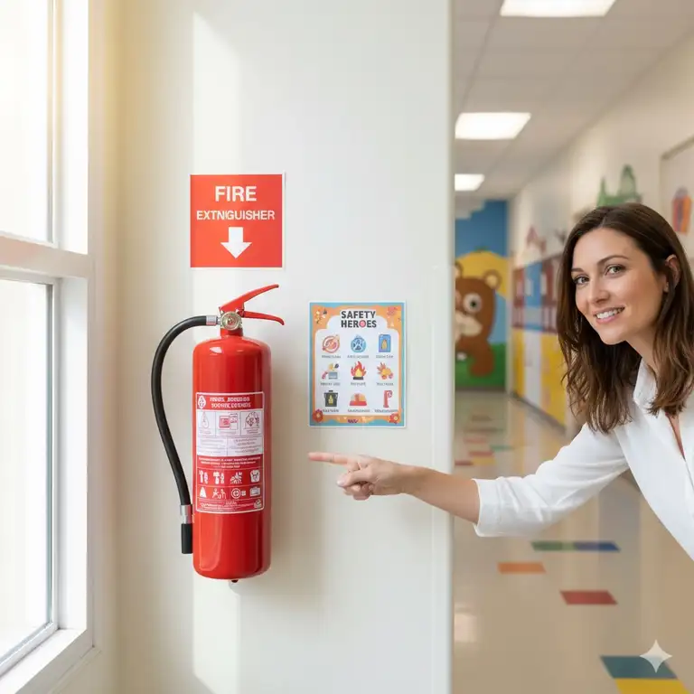 Clearly visible fire extinguisher child friendly location, demonstrating proper safety standards for immediate access.