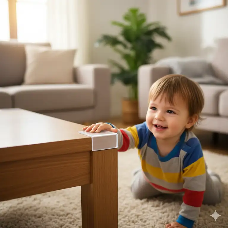 Clear furniture corner guards adhesive type protecting a child from a sharp table edge, demonstrating easy installation and child safety.