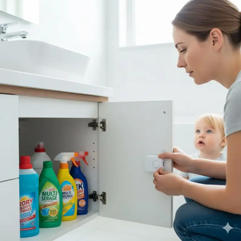 A parent securing brightly colored bathroom cleaning supplies locked up with a childproof lock on a cabinet under the sink, emphasizing safety.