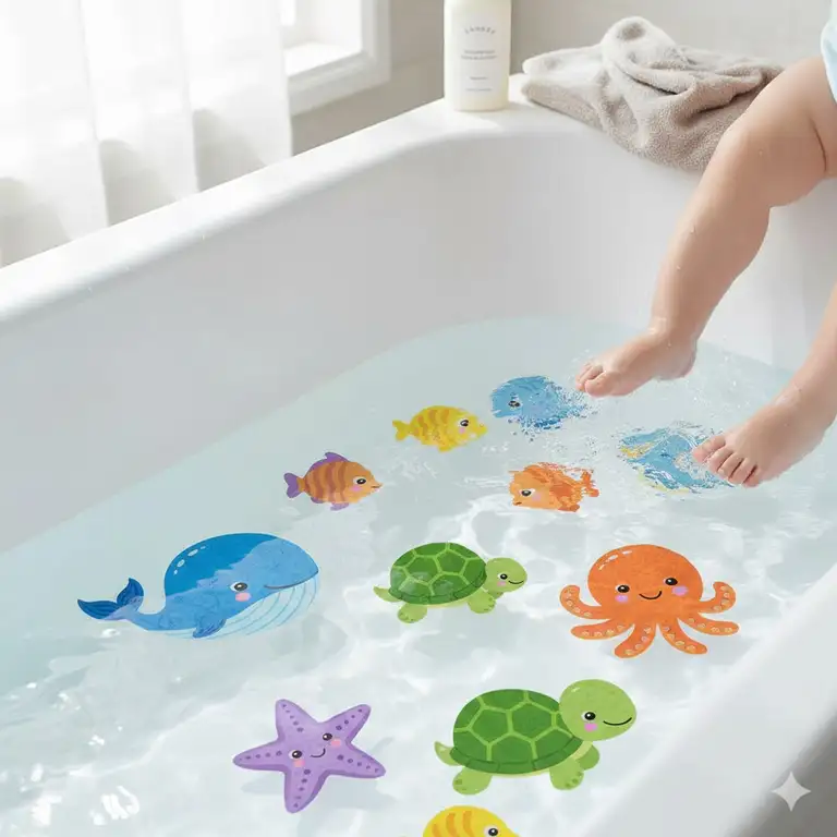 Cute sea animal-shaped non slip tub decals for infants providing traction in a baby's bath.