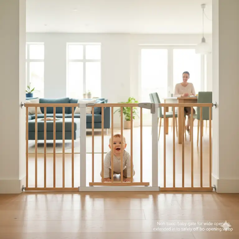 An attractive, extended non toxic baby gates for wide openings installed in a modern entryway with a baby playing safely.