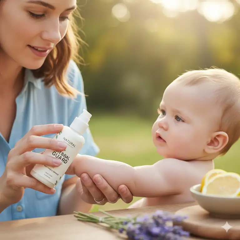 A close-up of a mother gently applying a non toxic bug repellents safe for babies to her infant’s arm, emphasizing skin safety and natural ingredients.