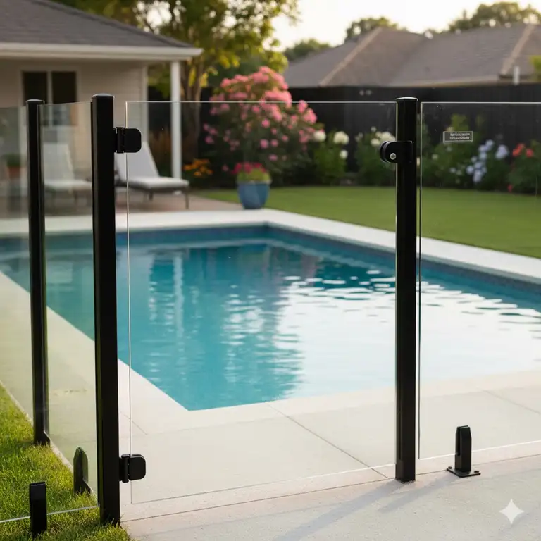 A pool fence with a self-latching gate surrounding an in-ground pool, highlighting compliance with pool fence regulations child safety.