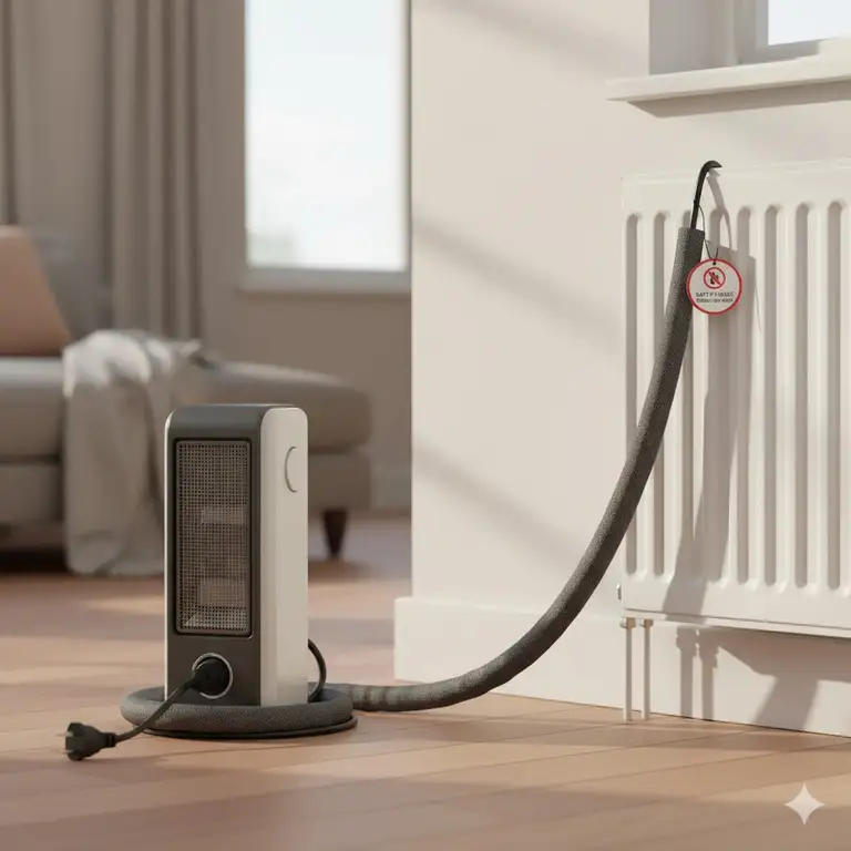 protecting cords from heaters and radiators using a heat-resistant cover to prevent damage and fire hazard.