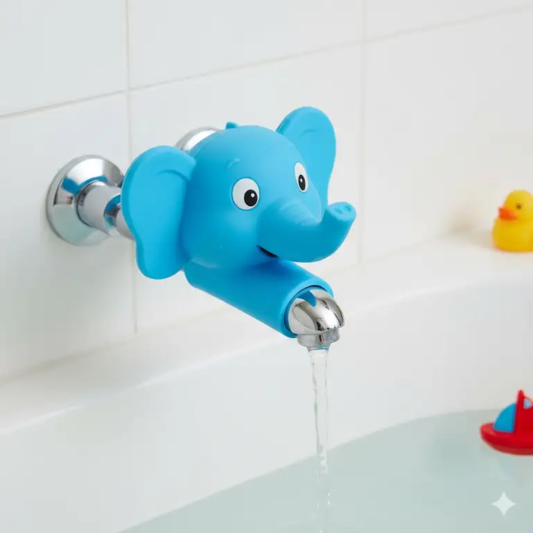 A brightly colored, safe baby bath spout cover shaped like a friendly animal, securely fitted over a silver bathtub faucet, preventing bumps and burns for infants.
