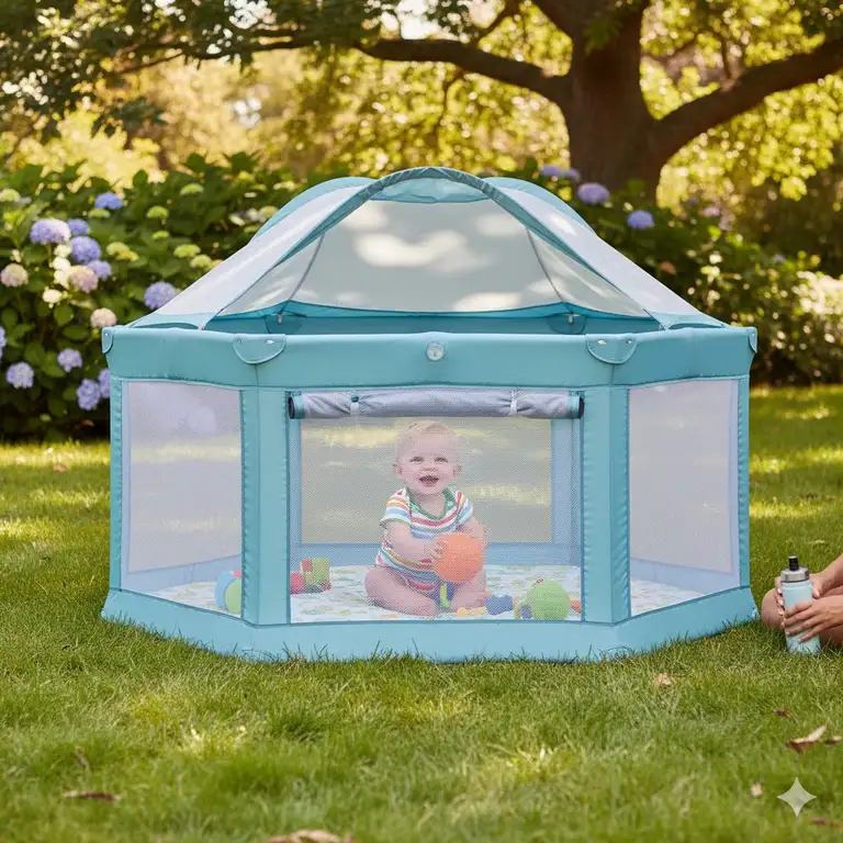Safe baby playpen for outdoors set up on a grassy lawn with a happy baby playing inside.