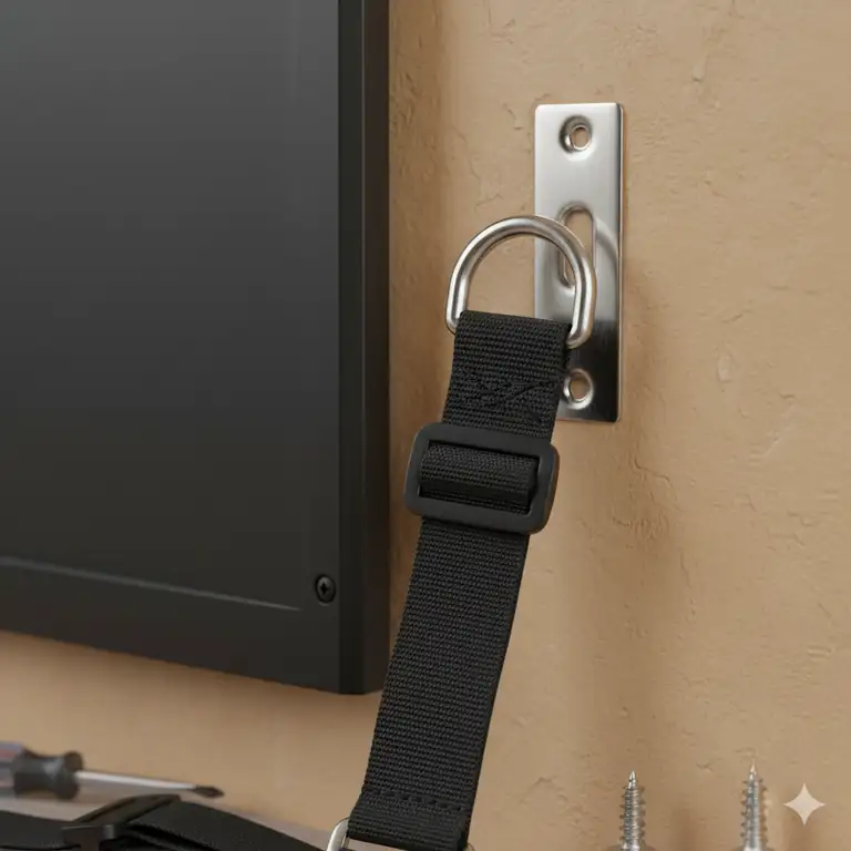 showing a flat-screen TV securely mounted to the wall with baby-proofing hardware installed, out of a toddler's reach for securing tv to wall baby proof.