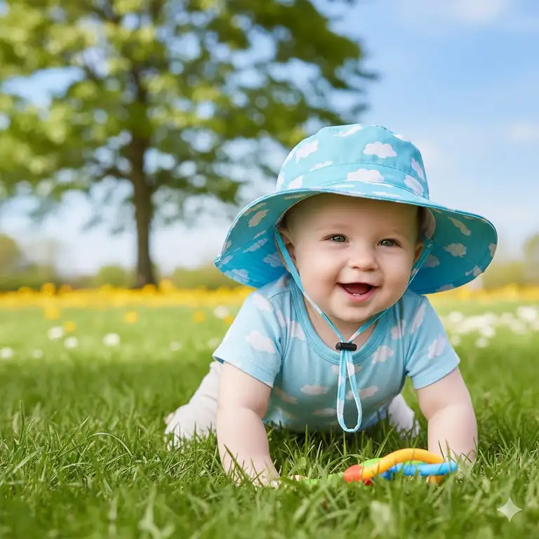 Sun safety hat for crawling baby with wide brim and chin strap protecting face and neck outdoors.