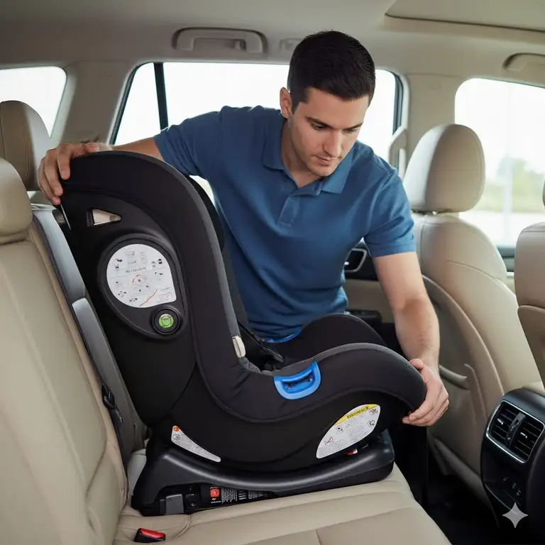 A parent properly installing a rear-facing child safety seat installation tips using the LATCH system, demonstrating best practices.