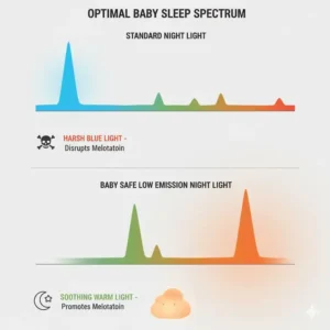 Diagram showing the restricted blue light spectrum of a baby safe night lights low emission, indicating it's safer for baby sleep cycles.