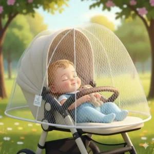A happy baby safely sleeping in a stroller covered with a fine mesh non toxic bug repellents safe for babies mosquito net, an effective method of bug prevention.