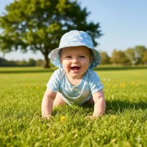Crawling baby in a grassy park wearing a comfortable sun safety hat for crawling baby to block harmful UV rays.