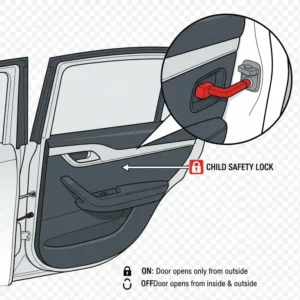 Diagram illustrating the exact location of the car safety lock for rear doors children.