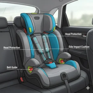 Close-up of a high-back booster seat, which is often the best choice for a 4-year-old because of its head and neck support when choosing booster seat for 4-year-old.