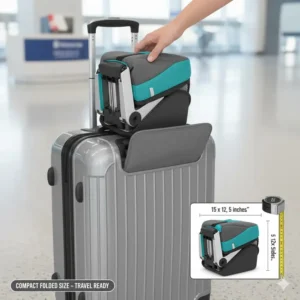 Illustration demonstrating the incredibly compact folded size of a lightweight travel car seat, perfect for carry-on luggage.