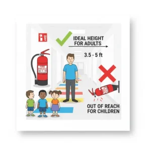 Diagram showing the safe height and accessibility for a fire extinguisher child friendly location.