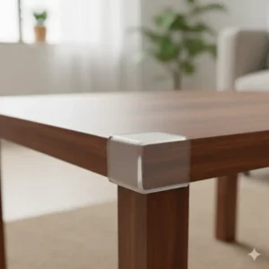 Close-up of a transparent L-shaped furniture corner guards adhesive type, highlighting its soft, impact-absorbing material for childproofing. 